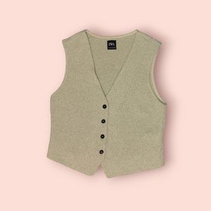 ZARA Textured Jacquard Waistcoat Vest Tan Button Up Size Medium